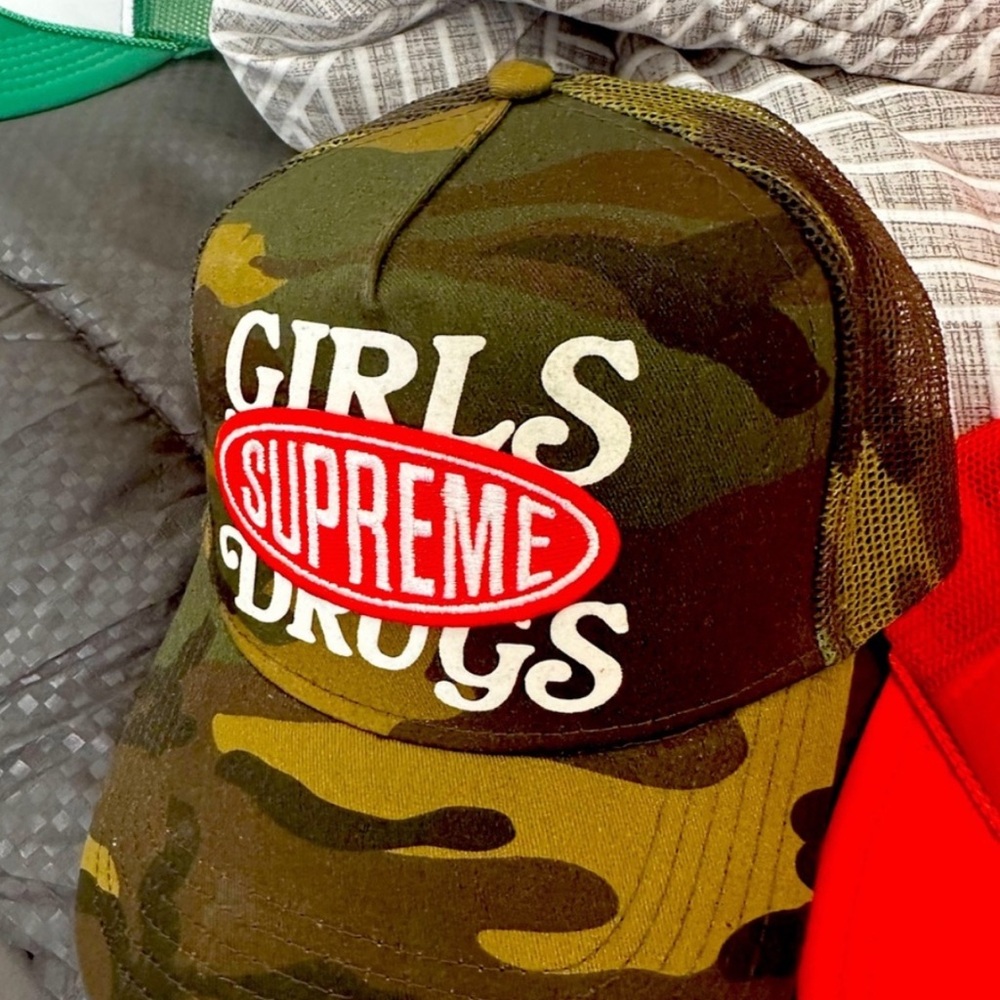 Supreme Girls Are Drugs Camo Trucker Hat